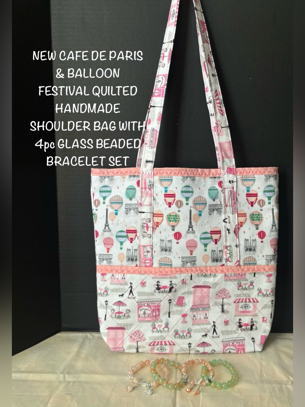 NEW PARIS DE CAFE QUILTED HANDMADE TOTE BAG W/PIBK GLASS BRACELETS & CHARMS